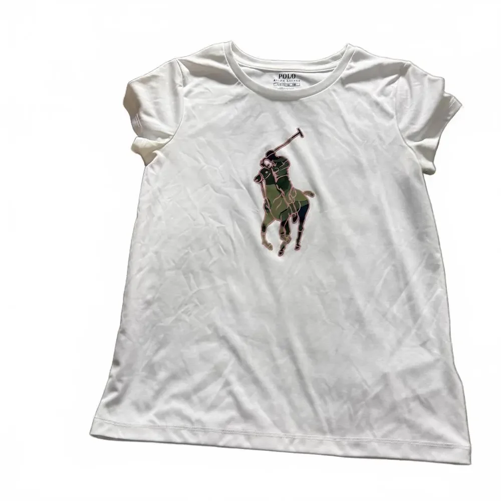 POLO RALPH LAUREN Girls SZ L 12/14‎ White Big Pony Logo Short Sleeve Tee Preppy